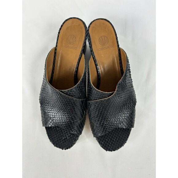 Coclico Richie Platform Sandals Black Snakeskin Snake 8 38.5 Block Heel - Picture 2 of 9